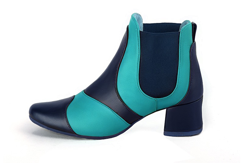 Step out in two-tone leather Chelsea ankle boots with contrasting elastic side gussets for a bold, modern graphic style, in navy blue and aqua blue leather with round toe and low flared heel - Florence KOOIJMAN